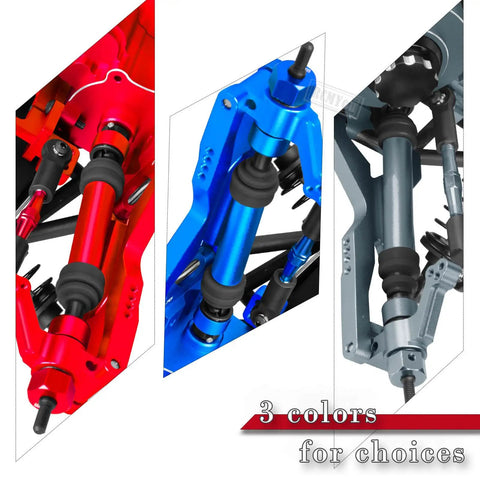 Rear Driveshaft CVD And Front Axle Upgrade Kit For One Tenth Slash 2WD And Slash VXL 2WD in red, blue, and silver colors.