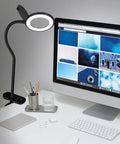LED Clip On Magnifying Glass With Light For Crafting And Needlework Hands Free Adjustable Arm Desk Lamp in use on a desk setup.