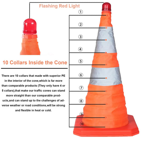 Diagram of 4 Pack 27.6 Inch Collapsible Traffic Cones With Nighttime LED Lights showing 10 internal collars for stability.