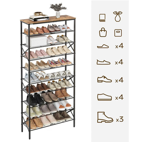 Built Tough 10 Tier Shoe Rack, Roomy Shoe Storage Cabinet Holds 40 Pairs, Solid Multi Shelf Organizer For Entryway Hallway Closet And Dorm Setup In Rustic Brown Finish