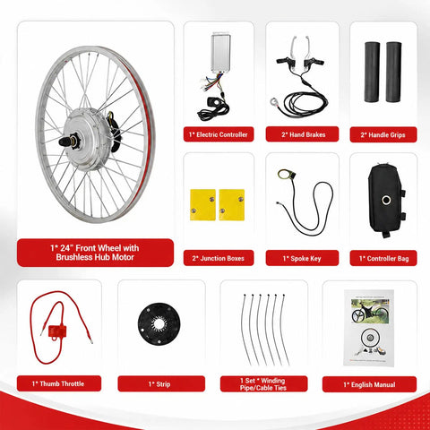 Upgrade Your Ride With 750W 24 Inch Front Wheel E Bike Hub Motor Conversion Kit Featuring 390 RPM Handbrake And Thumb Throttle