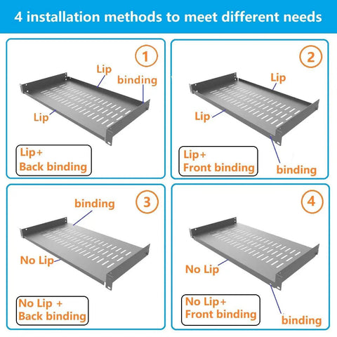 Rock Solid 1U Vented Cantilever Server Rack Shelf 10 Inch Deep For 19 Inch Cabinets Heavy Duty Steel showing 4 installation methods.