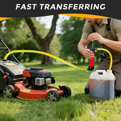Manual Liquid Transfer Pump Siphon Kit for lawn mower oil, no tool setup, easy hose connection in a garden setting.