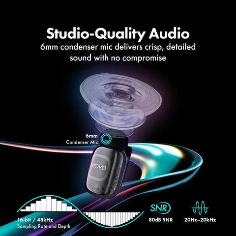 Movo 6mm condenser mic showcasing studio-quality audio features; part of NanoMic Wireless Lavalier Microphone System for Cameras.