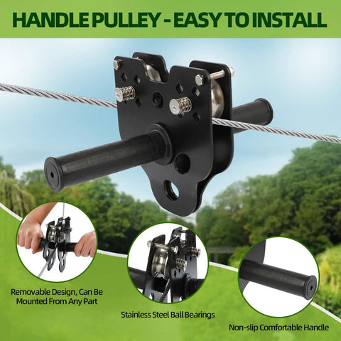 Close-up view of zipline Quick Tighten Trolley with handle, part of Backyard Zipline Kit 60Ft For Kids And Adults Up To 400 Lbs.