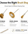 Top Shelf Brass Wire Brush Kit For Knocking Out Rust And Buffing To Perfection With Three Mm Shank That Clicks Straight Into Your Drill Or Rotary Tool 60 Piece Crate showing cup, wheel, and pen brushes.