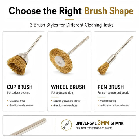 Top Shelf Brass Wire Brush Kit For Knocking Out Rust And Buffing To Perfection With Three Mm Shank That Clicks Straight Into Your Drill Or Rotary Tool 60 Piece Crate showing cup, wheel, and pen brushes.
