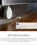 Flo Smart Water Leak Detector in use showing a detected moisture alert on the app, provides round-the-clock leak monitoring.