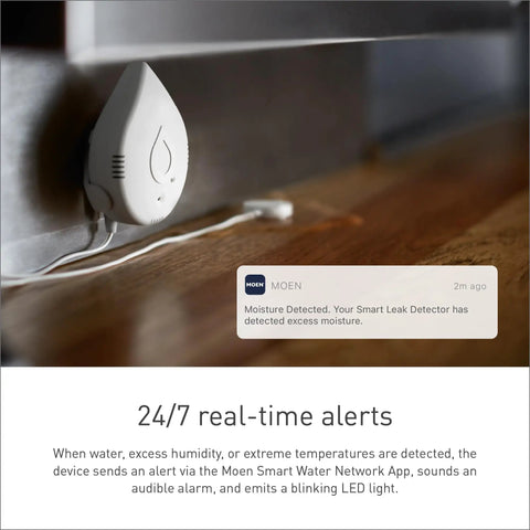 Flo Smart Water Leak Detector in use showing a detected moisture alert on the app, provides round-the-clock leak monitoring.