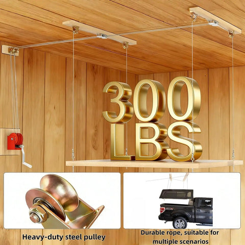 Beefed Up Heavy Duty Ceiling Mounted Garage Storage Lift System With 300 Lb Capacity, rugged overhead storage installation.