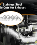 Five 3-inch polished stainless steel pie-cut exhaust pipe segments, front view