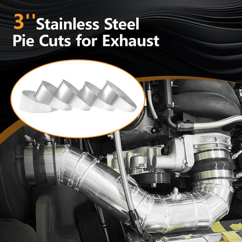 Five 3-inch polished stainless steel pie-cut exhaust pipe segments, front view