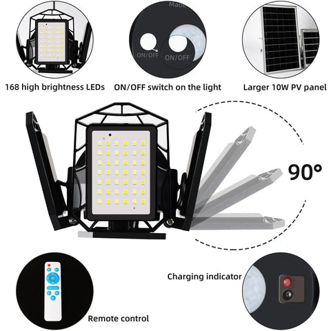Diagram showing features of Four Head Solar Pendant Lights With Motion Sensor, Three Color Modes, Remote, Waterproof Security Lamp