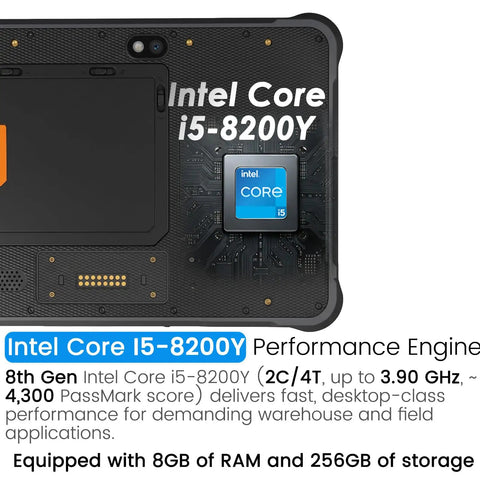 Built Tough 10.1 Inch Rugged Tablet With Windows 11 Pro And Intel Core I5 Processor 8GB Ram 256GB Storage Killer 1D 2D Barcode Scanner showing Intel Core i5-8200Y processor.