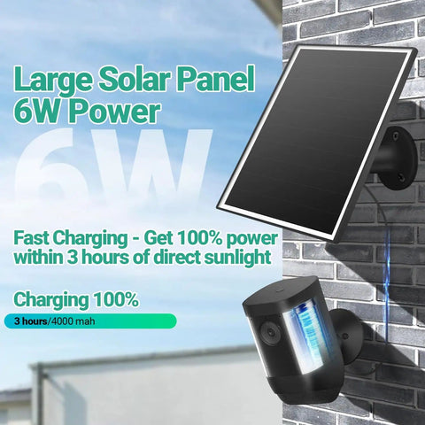 6W Solar Panel Charger For Ring Stick Up Cam Pro Plus And Spotlight Cam Battery Series With USB C And Barrel Plug on wall