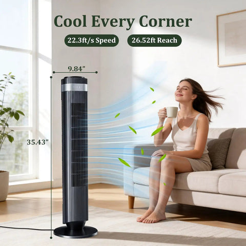 Stay Cool Without The Noise Using This Bladeless Tower Fan Packed With Swift Oscillation And Handy Remote Controls And Rapid Speeds That Truly Slap For Bedroom Chill And Dorm Vibes Or Office Grind Today Black, tall black tower fan next to a woman relaxing with a cup.