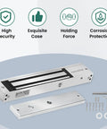 Outswinging 600 Lb Magnetic Door Lock Kit With Two Remotes Built In Alarm Tone High Strength Aluminum Construction Corrosion Resistant Waterproof Anti Rust Design Quiet Operation Easy Installation For Access Control displayed with parts