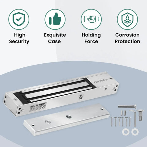 Outswinging 600 Lb Magnetic Door Lock Kit With Two Remotes Built In Alarm Tone High Strength Aluminum Construction Corrosion Resistant Waterproof Anti Rust Design Quiet Operation Easy Installation For Access Control displayed with parts