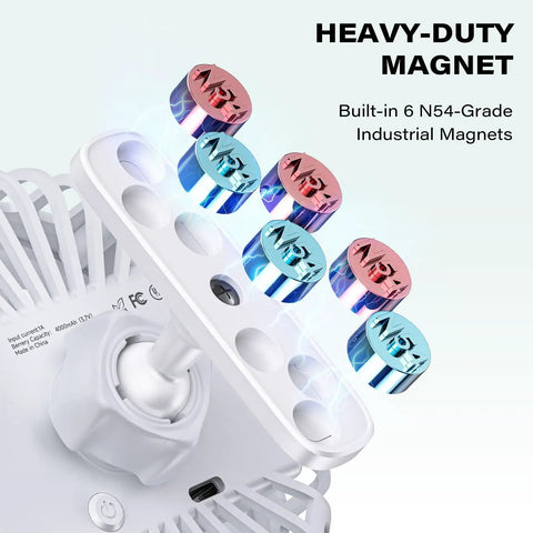 Rechargeable Magnetic Golf Cart Fan With 3 Speeds, heavy-duty N54 magnets showing industrial strength and attachment capability.