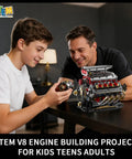 Father and son assembling Dope Realistic V8 Engine Model Kit That Runs On Its Own With 8 Cylinders Rechargeable Motor