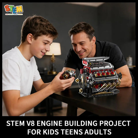 Father and son assembling Dope Realistic V8 Engine Model Kit That Runs On Its Own With 8 Cylinders Rechargeable Motor
