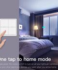 Wireless Smart Scene Switch Button for four gang home automation in a bedroom setting with a hand activating the switch