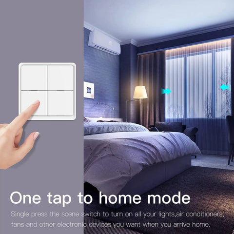 Wireless Smart Scene Switch Button for four gang home automation in a bedroom setting with a hand activating the switch