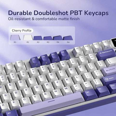 Premium Compact Wireless Mechanical Keyboard Equipped With Bright TFT Screen And Responsive Metal Dial For Quick Media Tweaks Seamless Mac PC Pairing Snappy Clicky Switches And Insane Battery Life That Totally Slaps featuring durable doubleshot PBT keycaps in Cherry profile.