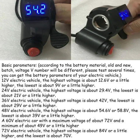 Universal 12V-72V E-Bike Thumb Throttle With LED Voltage Display Real Time Battery Readout And Mileage Ride Ready Digital Grip With Power Switch For Scooter And Electric Bike