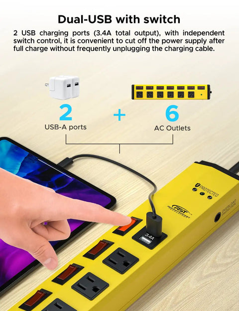 Beefy Heavy Duty Metal Power Strip With Six Outlets And Two USB Ports Up To 3.4A, Individual Switches, 1200J Surge Protector