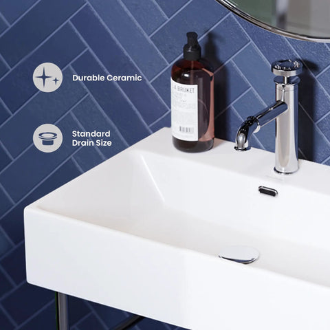 Claire 24 Inch Ceramic Console Sink With Glossy White Basin, Scratch Resistant Non Porous Ceramic, Single Faucet Hole, Overflow