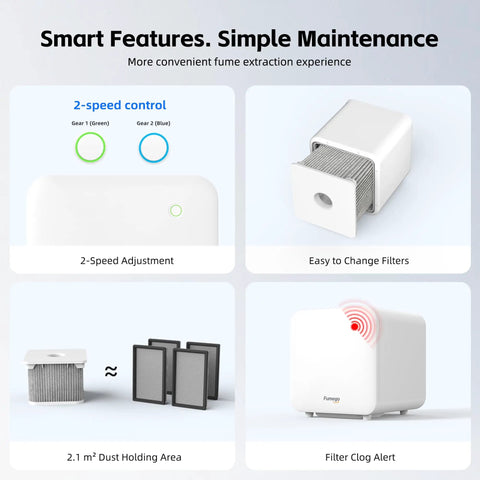 Smart features of Laser Fume Extractor For Under 10W Engravers Like F1 F2 Lumos LP2 LP4, CFM smoke purifier, HEPA filtration, easy maintenance.
