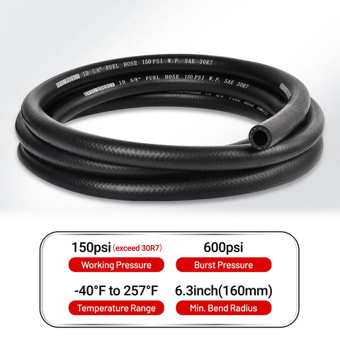 5/8 Inch Fuel Hose Push Lock NBR Rubber SAE 30R7 10 Ft Long 150 Psi Working Pressure, coiled hose with specifications shown.