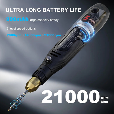 Cordless resin drill kit for resin jewelry making, black handheld tool with 10-piece bit set; rechargeable.
