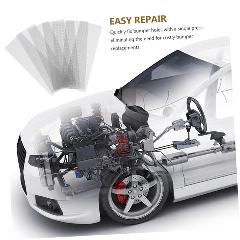 12 Piece Vehicle Bumper Repair Mesh Kit With Stainless Steel Thermoplastic Screen displayed beside car diagram for easy repairs