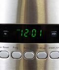 Digital display of 12 Cup Programmable Drip Coffee Maker With Auto Shut Off And Glass Carafe showing timer and control buttons.