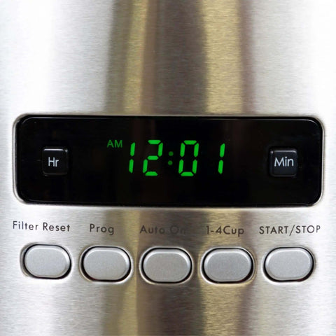 Digital display of 12 Cup Programmable Drip Coffee Maker With Auto Shut Off And Glass Carafe showing timer and control buttons.
