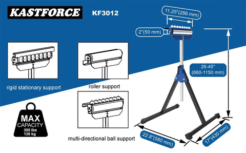 Diagram of Beefy Heavy Duty Roller Stand With 300 Lb Capacity, 3 In 1 Roller, Adjustable Miter Saw Extension, KF3012 dimensions