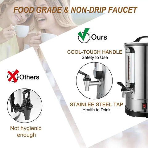 Big Crowd Ready Commercial Coffee Urn 100 Cup Brewer For Offices Churches Catering Events 4 Gallon 16L Dual Layer 304 Stainless Steel Build 1300W Fast Brew Percolator Hot Beverage Dispenser For Quick Service featuring cool-touch handle and food-grade non-drip faucet.