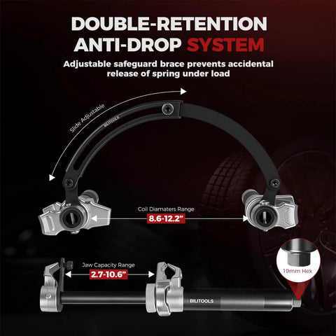 2-Piece Coil Spring Compressor Kit With Double Retention Anti-Drop System and adjustable brace for 8.6-12.2 in coil diameters