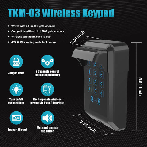 Built Like A Tank Wireless Touch Panel Gate Keypad With Outdoor Cover And Digital Code Entry Access Control For Automatic Swing Gate Openers Straightforward Install No Hassle All Weather Ready, showing keypad dimensions and features.