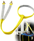 Beefy Heavy Duty Forklift Battery Lifting Sling, 2in x 5ft, recycled polyester with vinyl hooks and ring, used on forklift