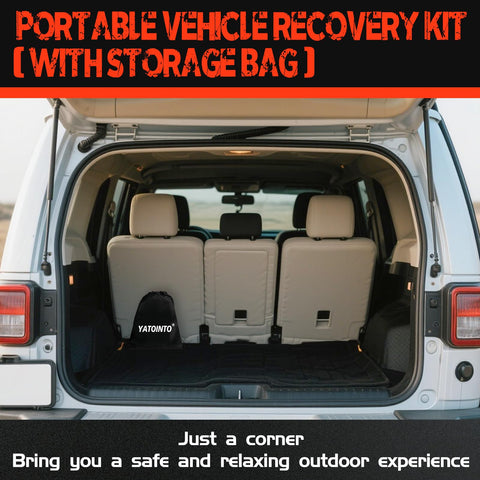 SUV trunk with Soft Shackles Recovery Kit With Half Inch By Twenty Two Inch Tow Shackle And Snatch Ring 56000 Lbs Capacity storage bag