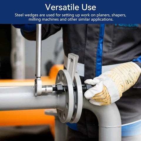 5-inch steel wedge setup tool mounted on a metal pipe with flange and bolt assembly
