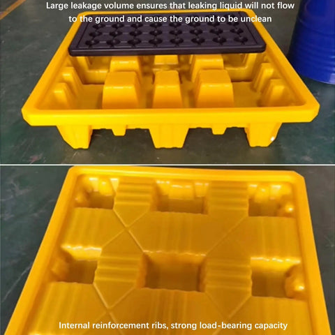 Oil Spill Containment Tray For Warehouses, Modular Polyethylene Pallet With Drain, shown in yellow, with anti-slip surface, stackable