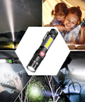 Ultra Bright USB Rechargeable Magnetic LED Flashlight with COB Sidelight in various outdoor and indoor uses.