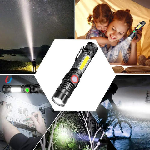 Ultra Bright USB Rechargeable Magnetic LED Flashlight with COB Sidelight in various outdoor and indoor uses.