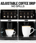 Fully Automatic Espresso Machine With Built In Conical Grinder And Auto Foaming Milk Wand, featuring adjustable drip for various cup sizes.