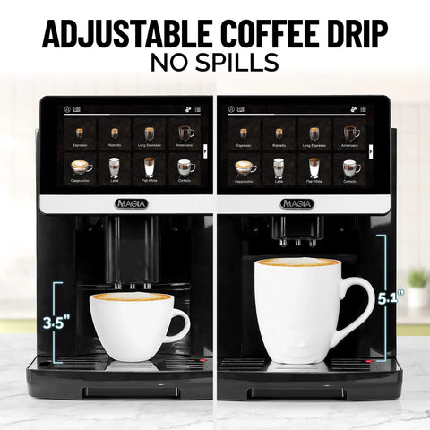 Fully Automatic Espresso Machine With Built In Conical Grinder And Auto Foaming Milk Wand, featuring adjustable drip for various cup sizes.