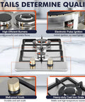 Portable Dual Fuel 2 Burner Gas Stove Cooktop 12 Inch Stainless Steel LPG NG Convertible focused on burners, knobs, and grate.